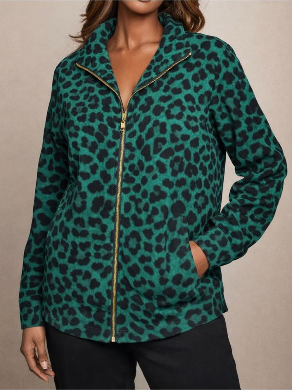 New Iman Lightweight Jacket 3X Emerald Green & Black Leopard Print Pockets Fall